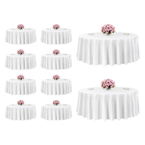 VEVOR 10-Pack White Round Polyester Tablecloths (120" Dia.) - Stain-Resistant, Wrinkle-Free, Machine Washable, Fine Stitching, Wash-Safe Fabric, Gentle Wash, Easy Upkeep for Wedding, Anniversary, Decoration Events
