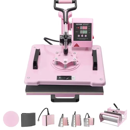 【Fallpicks】VEVOR 8-in-1 Multifunction Heat Transfer Machine, 12x15 in, 6-30 oz Tumbler Attachment, 360° Swing Away T-Shirt Pressing, Pull-Out Design, Digital Precise Control, 32–480°F Fine Tuning, 0–999s Timer, Pink Craft Supplies