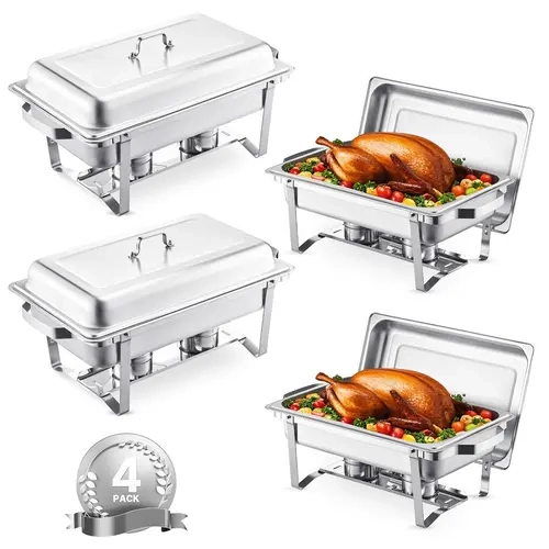 VEVOR 4-Pack 8 Qt Portable Stainless Steel Chafing Dish Buffet Set, Bakeware Pans, Rectangular Casserole Dish, Serving Warmer with Lid, Water Pan, Stand, Fuel Holder, Pasta Clip, Space-Saving Fold Design for 8qt Fewer Refills, Wedding, Party Use