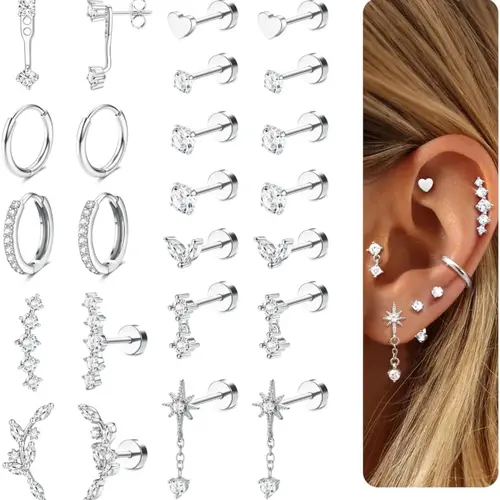 12 Pairs Women's Hypoallergenic Stud and Hoop Earrings Set, Stainless Steel Huggie Earrings for Multiple Piercings, Stainless Steel Hoops, Stackable Silver-Tone Options, Earrings Jewelry