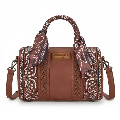 Wrangler Western Medium Size Bandana Paisley Print Barrel  Desert Knot Crossbody Purse for Women with Scarf Strap & Paisley Embroidery Valentine's Day Gift