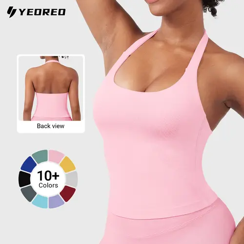 YEOREO SoftHue Women's Impact Halter Tank Tops - Longline, Backless, Scoop Neck, Built-in Bra Sleeveless Sports Activewear for Gym, Fitness, Halter Tops