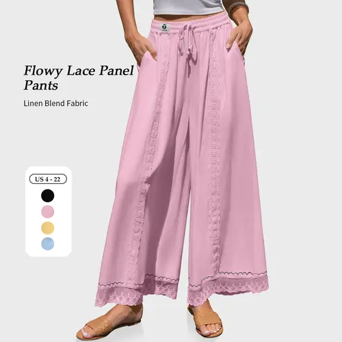 【SS26 Collection】TARSE Womens Linen Blend Wide Leg Pants Summer Flowy Lace Loose Boho Lounge Beach Vacation Palazzo Pants with Pocket
