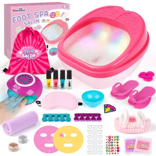 Dreamon Kids Foot Spa & Nail Kit Play Set - 25 Pcs with Medium-Size Rainbow Light Massage Foot Soak Tub, Face Masks, Cozy Slippers, Nail Polishes for Relaxation, Pretend Play Manicure Pedicure Salon Toy, #backtoschool