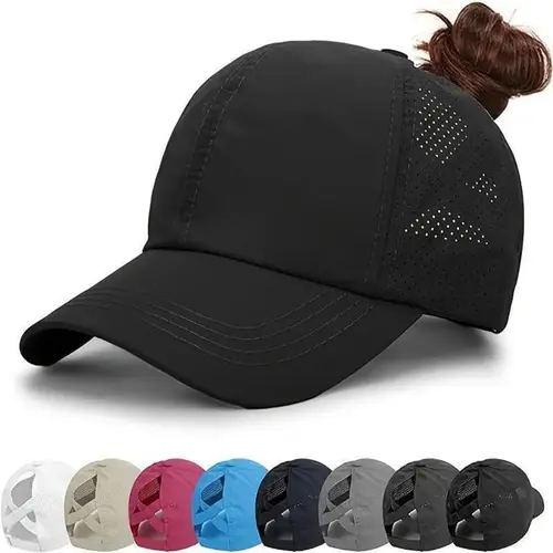 Women's 2-Pack Trucker Baseball Cap Cool Hat Set - Solid Black High Messy Bun Cap with Quick-Drying Nylon Mesh, Cotton, Microfiber, Adjustable Snapback, Street Fashion Headwear Accessory