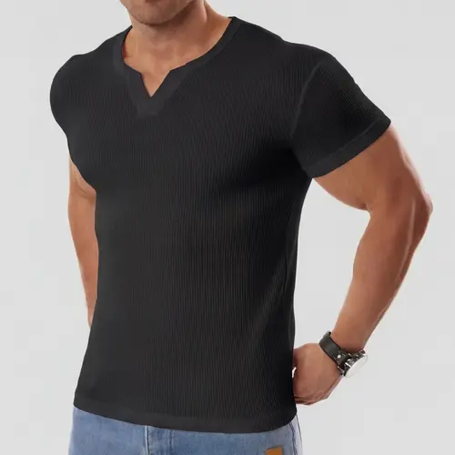STREVATE Men's Slight Drop Shoulder V-Neck Tee, Waffle Knit Texture, Soft Stretch