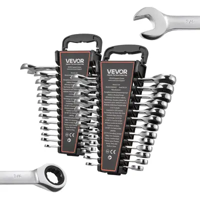 VEVOR 26-Piece Dual-Ended Ratchet Combination Wrenches Set, Cr-V Steel 72-Tooth SAE & 6-19 mm Metric Wrenches, Custom-Fit Rack Organizer, Fast Size Labels, Automotive Work & DIY Repair Tools