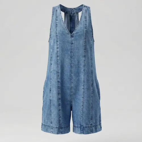 Elengatine Viral Denim Romper for Women | Sleeveless V Neck Loose Fit Jean Playsuit with Pockets | Lightweight & Breathable Denim, Flowy A-Line Silhouette | Effortless Chic & Casual Cool | Perfect for Spring Summer Outfits, Vacation, Brunch