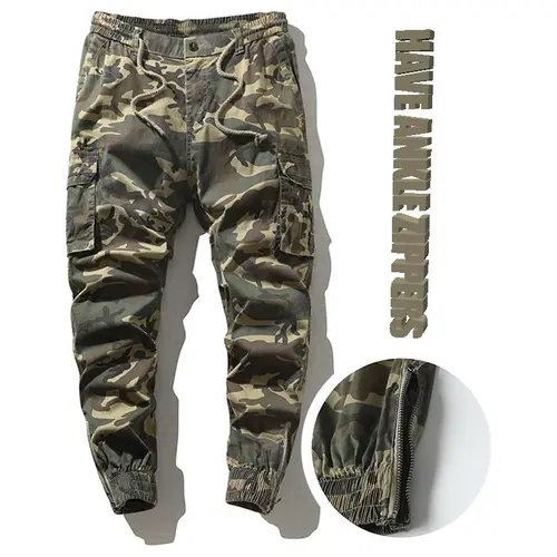 Stylish Cargo Camo Pants Military Army Green Elastic Drawstring Multi-Pocket Work Outdoor Tactical Multi-Flap Stretchy Zippered Cuffs Harem Pants