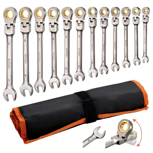VEVOR 12pcs Flex-Head Ratcheting Wrench Set, 8 mm to 19 mm Combination Ratchet Wrenches, 72-Teeth Cr-V Steel, Roll-Up Pouch, for Mechanic Automotive Repairs