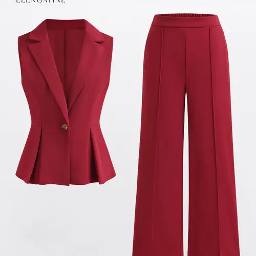 Elengatine Women's Elegant 2-Piece Office Work Set - Sleeveless Blazer Vest, High-Waisted Tailored Polyester Pants, Boss Babe Power Outfit (Women 2 Piece Sets Category)
