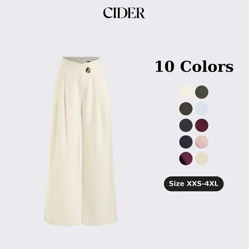 Cider High Rise Metal Button Pleated Wide Leg Trousers — Fall Thick British Asymmetric Twill Pants, 260gsm Heavyweight Autumn Trousers