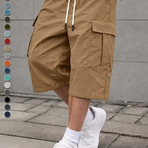 Men's Fitted Cargo Shorts - Stylish Solid Color Drawstring Male Clothing, Breathable Fabric with Pocket, Casual Outdoor Daily Wear/Commuting Spring Summer Menswear Bottoms