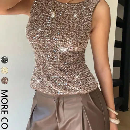 Women's Round Neck Sequin Fitted Vest Top, Casual European Style Sleeveless Design, Summer Sparkle, Perfect for Shopping and Coffee Shops