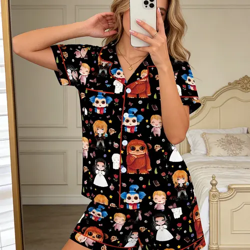 Women's Labyrinth Sleepwear Set Two-Piece Comfortable Short Sleeve Button-Up Top and Elastic Shorts Casual Home Wear Loungewear Pajama Pyjamas Pjs Print，Ludo，Sarah Williams，Jareth the Goblin King，Pj Sets