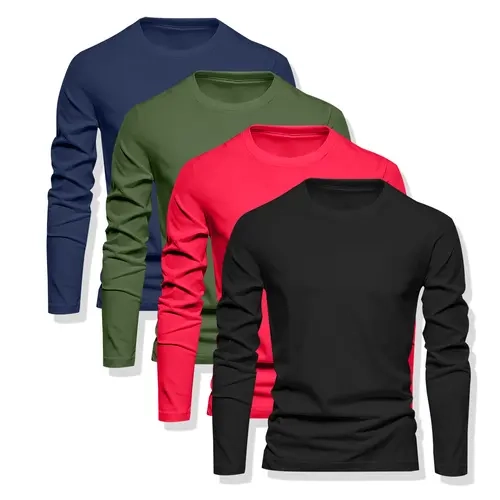 Men's 4-Pack Fitted Long Sleeve Quick-Dry Knit Compression Crew Neck Athletic Shirts for Gym Workouts & Training