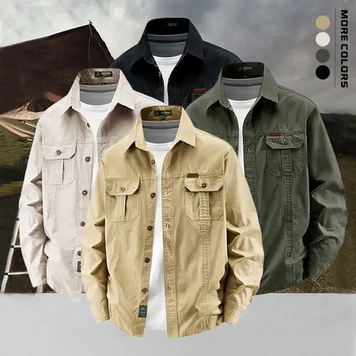 Men's Soft Pure Cotton Mid-Length Classic Button-Down Cargo Shirt - Fitted Straight Plain Style, Thick Durable Fabric, Multi-Patch Pockets, Multiple Colors, All Seasons, Ideal for Outdoor/Commute Use, Men's Clothing Top for Jeans, Jackets, Sweaters