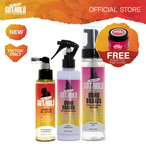 All Day Got Hold | Boho Braids Long Lasting Bundle | Curl Defining Spray, Detabgler Spray & Leave-In Oil Spray + Edge Control Free Gift l Hair Conditioner Gel