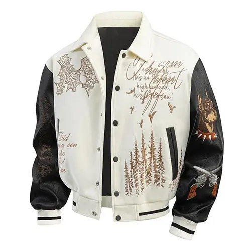 Fleece-lined or lightweight options available; loose-fit men’s varsity-style jacket with a turn-down collar and embroidery; black-and-white leather-sleeved aviator jacket; fashionable, trendy casual street-style buttoned jacket; suitable as outerwear for