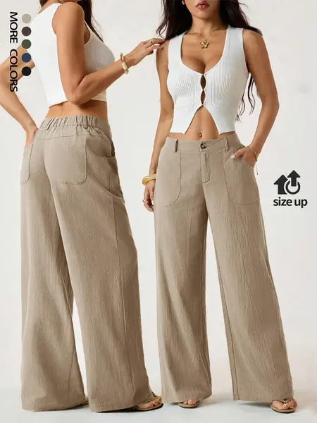 Women's Classical Chic Linen Palazzo Pants Summer Flowy Loose Wide Straight Leg Beach Trousers With Pocket Casual Solid Color Soft Elastic High Waist Lounge Pants Travel Vacation Bottoms Date Brunch Home Work Streetwear Outfit