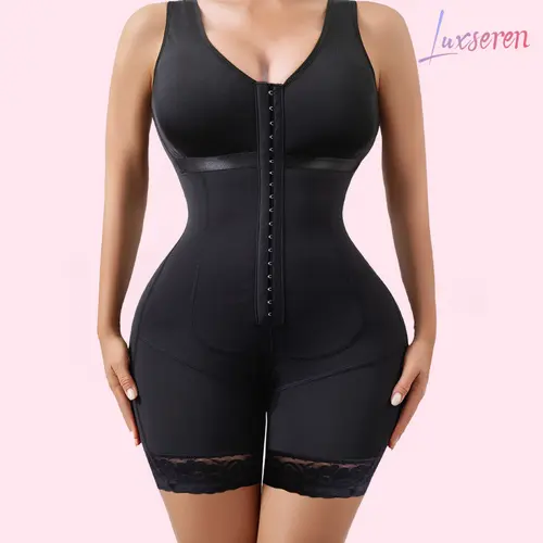 LUXSEREN Women's Basic Body Support Shapewear Bodysuit - Scoop Neck, Tummy Control Waist Trainer, Nylon Mesh-Polyester Fabric, Lace Trim, Adjustable Straps, Hook-and-Bar Closure, Triple Layer, Body Contouring, 3/4 Coverage, Crotch Over, Sporty Chic Design