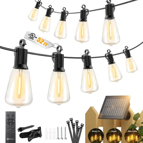 Brightown 52FT Solar String Lights Outdoor Waterproof, Patio Lights with Remote and 15+1 LED Shatterproof Bulbs, Dimmable & Timable, 3 Light Modes, Solar Lights Outdoor for Yard Garden Camping Party