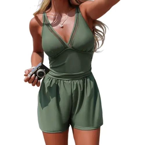 Women's Olive Green Mesh Trim Tankini Set - Romper Style Swim Dress with Pockets for Modest Beach & Vacation