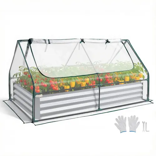 VEVOR 6x3x1 ft Rectangular Galvanized Alum-Zinc Raised Garden Planter Kit, Rustproof Metal Landscape Box with High-Light Transmission PE Greenhouse Cover (Shields from Rain) & Gloves, Prune w/o Removing, Silver