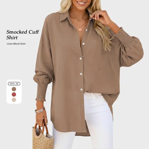 【SS26 Collection】TARSE Women Linen Shirt Smocked Cuffed Casual Collar Long Sleeve Oversized Button Down Blouse Tops Boyfriend Shirt Basic Vintage Top Dress