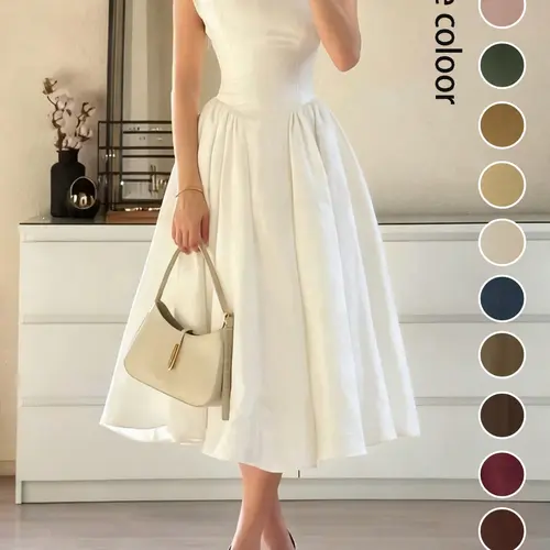 Women's Casual Fashion Chic Dress Spring Summer New Pure Color Elegant Vintage Long Puffy Dress, French Waist Cinched Dress for Wedding Date Outing