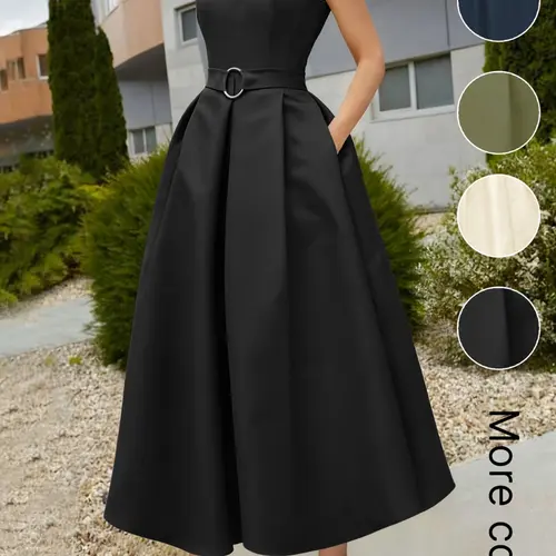 Elegant Chic Women's Party Dress Formal Wear, Solid Tie-Waist A-Line Skirt, Spring Summer New, Sleeveless V-Neck Commuter Dress for Urban Style