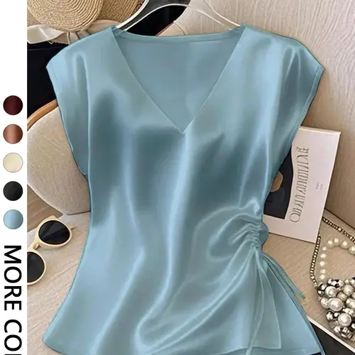 Women's Elegant Simple Solid Color V-Neck Batwing Drawstring Side Ruched Satin Fashion Fitted Blouse Shirts, Summer Wear