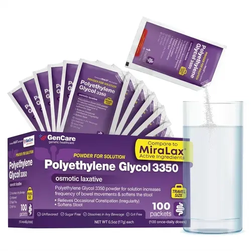 GenCare Polyethylene Glycol 3350 Powder for Solution, Unflavored PEG 3350, 100 Travel Packets, Osmotic Laxative for Occasional Constipation Relief
