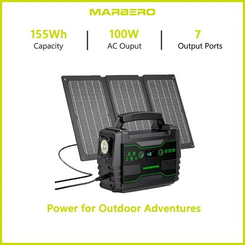 【Father's Day Gift】MARBERO 155Wh Solar Generator with 30W Solar Panel Portable Power Station with 2x 100W AC Outlets(150W Surge) 7 Output Ports Built-in Flashlight for Camping Home Blackout High Capacity Battery USB Rechargeable Battery