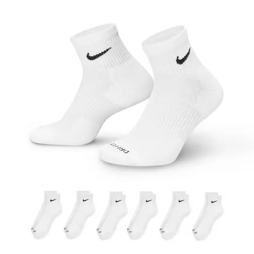 Nike Everyday Plus Dri-Fit Ankle Socks White 6-Pack Cushioned Unisex Athletic Training Tube Socks