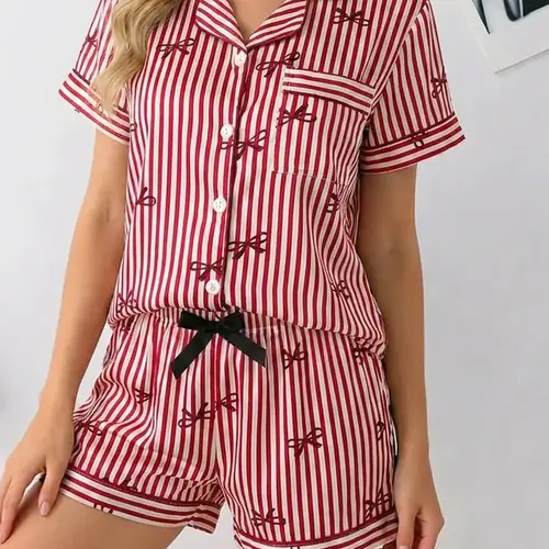 Women's Sleepwear Pajama Set, Short Sleeve Top with Bow and Striped Print, Matching Shorts, Comfortable Casual Daily Wear, Loungewear Pajamas Set, Nightwear Lounge Set, Pj Set