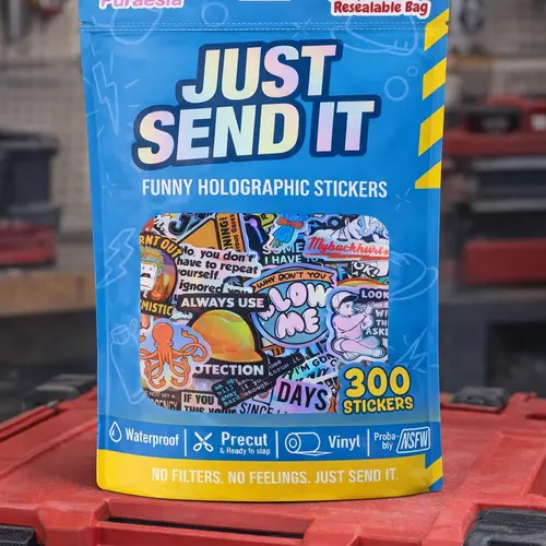 "Just Send It" Holographic Vinyl Hard Hat Labels & Funny Stickers - 300-Pack Tough Decals, Funny Slogan, Humor Text, Industrial Options, 2.5-3.5 in Ultra-Clear Waterproof for Helmets, Toolboxes, Blue Collar Dads & Boyfriends Gifts