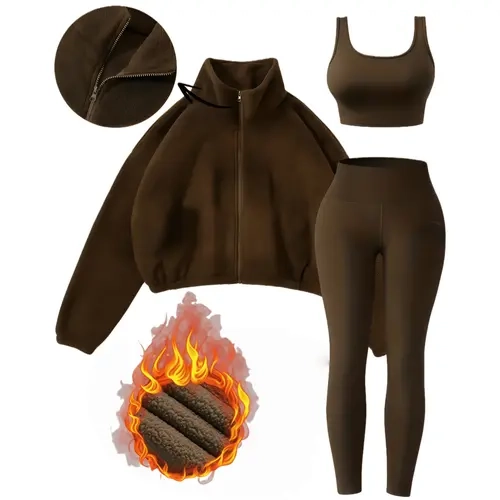 Amoyer 3-Piece Tracksuit Set for Women, fleece-lined zip jacket + top + high-waist pants, cozy winter activewear for gym, running, travel