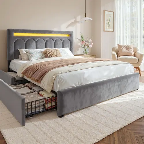 Raybee 4 Drawers  LED Bed Frame with Storage & Headboard, Luxury Velvet Upholstered Platfrom Bed Frame Holds 1000LBS Capacity, Wood Slats Support, No Box Spring Needed,  Modern Arched Pattern Bedroom Furniture, Full, Queen, King, Beige, Gray