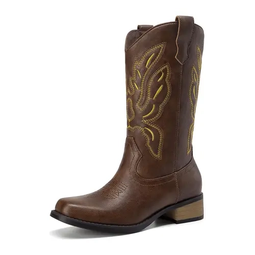 Women's Beaded Embroidered Cloth-Accent Faux Leather Western Cowboy Boots - All Seasons Shoes for Women, Slip-On Pull-On Entry, Square Toe, Mid-Calf, Moderate Chunky Wedge Heel, Dancing Grip, Retro Casual, Country Events Use