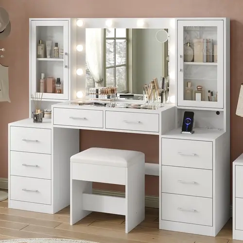 [Shipping by 2 Packages]  FUSOU 59'' W Lighted Vanity Table - Makeup Dressing Desk with LED-Lit Modern Features, 8 Drawers, 2 Cabinets, Power Outlet, Glass Top, 3 Adjustable Brightness Modes, Vanity Chair