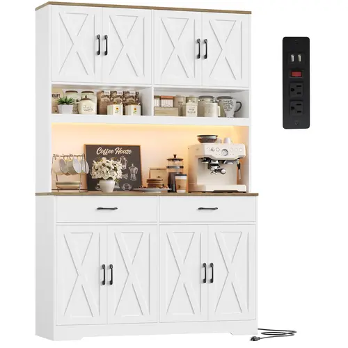 【FallDealsForYou】HOSTACK 75" Tall Kitchen Pantry Cabinet with Charging Station & RGB LED Lights, Farmhouse Kitchen Storage Cabinet with Adjustable Shelves, Christmas Gift, Home essentials