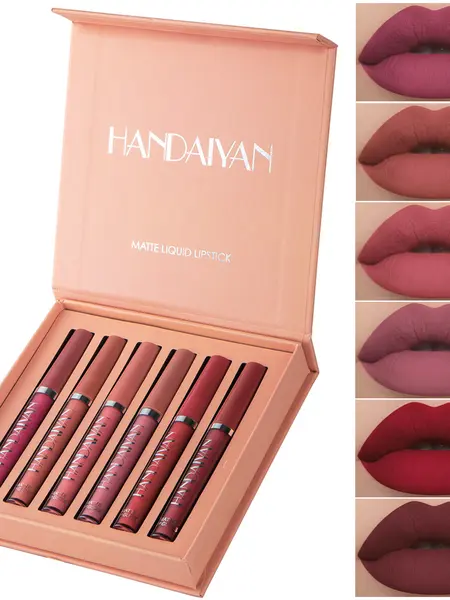 Handaiyan 6-Pcs/Set Long-Lasting Matte Pearl Lip Stain Lipstick Cosmetic Kit - Waterproof, Moisturizing, Non-Stick Cup, Nude Makeup Friendly, Suitable for All Skin Types, Ideal Teen Gifts for Daily & Special Occasions