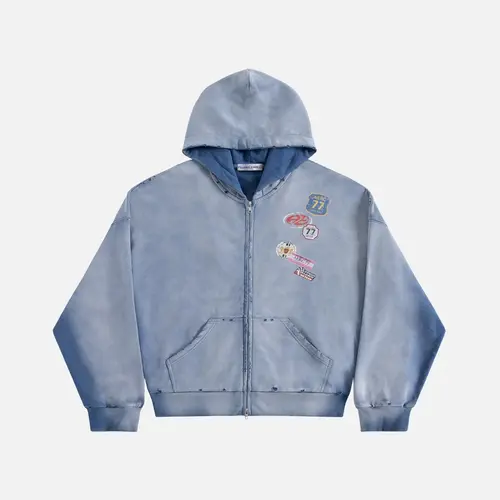 AELFRIC EDEN Men's Vintage Badge Graphic Zip-Up Hoodie - 100% Tie-Dye Washed Cotton Boxy Oversized Streetwear Clothing, Men's Tops for Casual Wear
