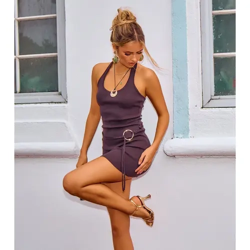 Alluring Chic Ribbed Knit Belted Mini Dress