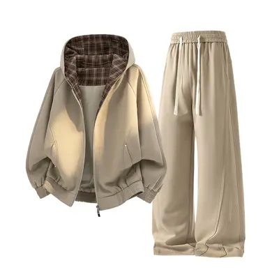 Spring/Autumn New Men’s Sports Set: Stylish two-piece set featuring a new jacket paired with casual long pants. Also available as a plaid varsity sweatshirt and sweatpants two-piece set. Unisex spring matching set for men and women.