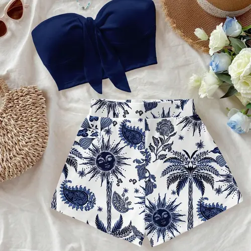 Women's Island Vacation Bohemian Plant, Palm Tree, Sun God and Floral Printed Slim Fit Crop Top and Short Two-Piece Matching Set, Fashion Style Sets, Beach Set Print, Perfect for Summer Getaways and Stylish Spring Looks Shorts Set Outfit