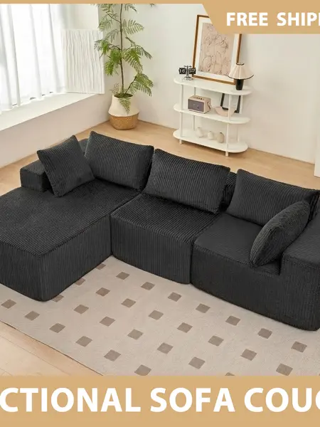 【Sectional Sofa Couch】Sweetcrispy L-shaped Modular Sectional Sofa, Compressed Corduroy Fabric, Modern Style Living Room Sofa Bed, Space-Saving Recliner Design - Convertible Corduroy Sectional Sofa