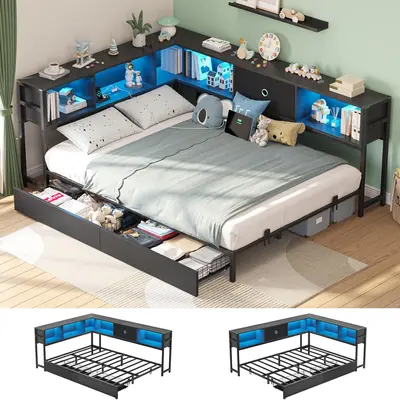 Sikaic Corner Bed Frame with Storage Drawers and Bookcase Headboard, Metal Platform Corner Bed Frame with Charging Station and LED Lights, Daybed for Kids, Teens and Guests Bedroom Set Furniture