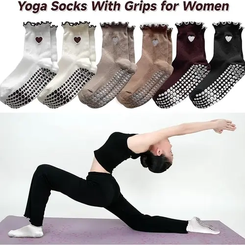 Women's Stretchy Embroidery Breathable Cotton Non-Slip Grip Socks (6 Pairs, 5-10in) - Ruffled Trampoline Pilates Socks for Yoga, Hospital Use (Party Bag Gift Essential)